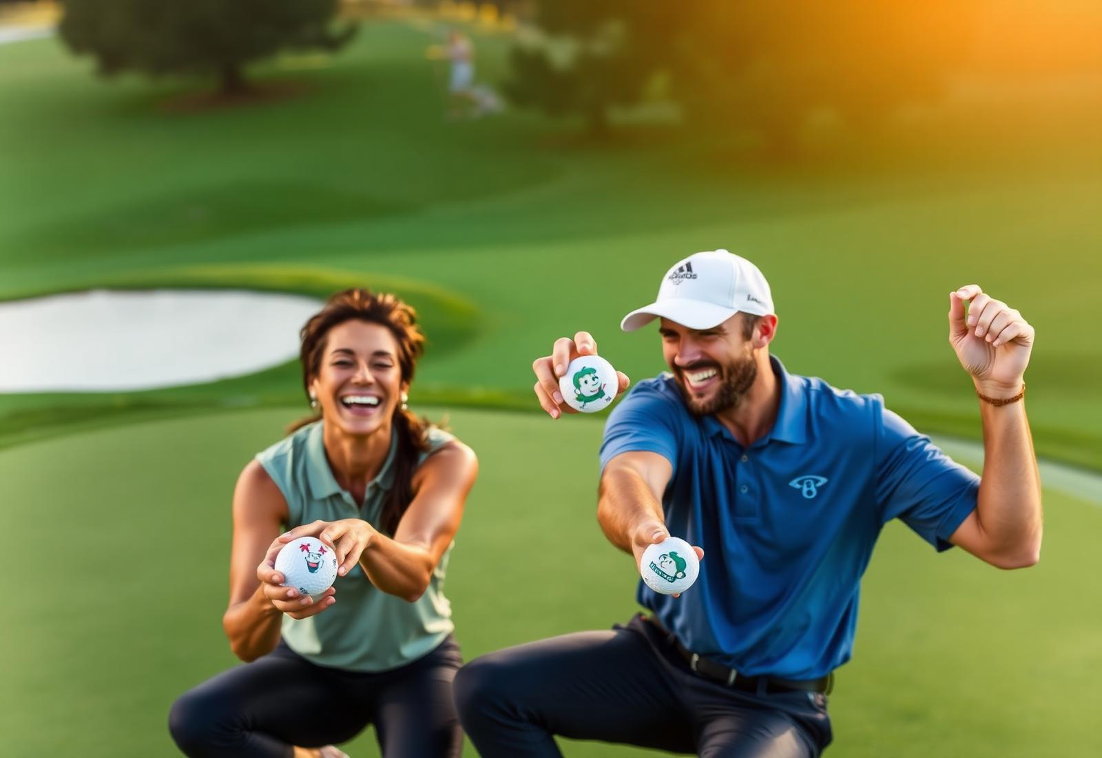 Golfers laughing while holding custom printed golf balls